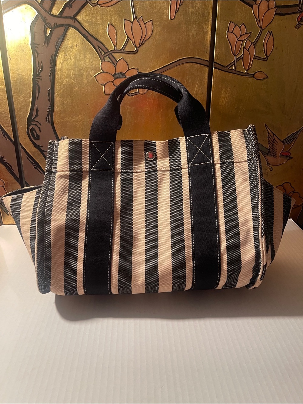 HERMES Striped Canvas Tote Bag in Navy Blue and Cream
